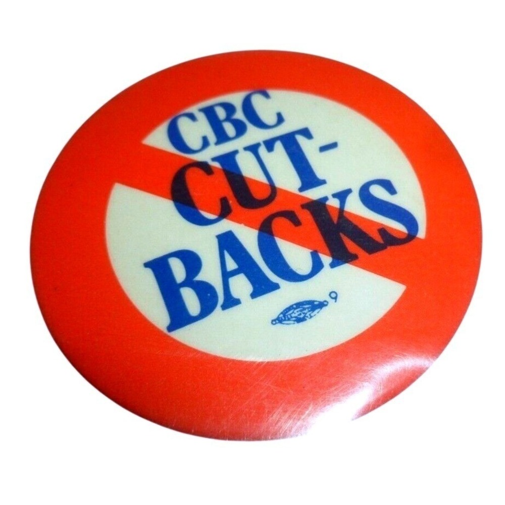 Vintage CBC Cut-Backs Protest Pinback Button Red White Blue 2.25 Inch Badge